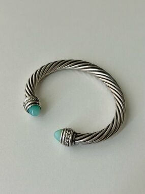 David Yurman Cable Bracelet 7mm Sterling Silver Diamonds and Aquamarine Stone